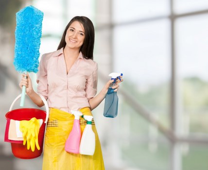 Prepared cleaning workspace with caution signs and equipment